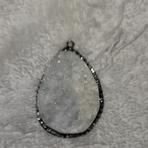 White Crystal Druzy Pendant With CZ Accents Around The Edges. - Picture 1 of 5